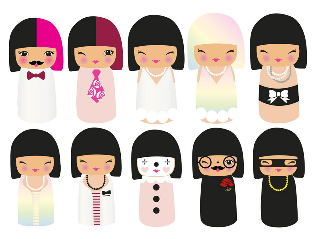 Skisser kokeshi-dockor